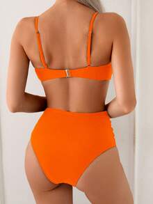 Swim Chiccia 2025 Spring/Summer Women's Elegant Vacation Metal Shell Buckle Beaded Strap High Waist Tummy Control Brown Bikini Set - Orange - View 2