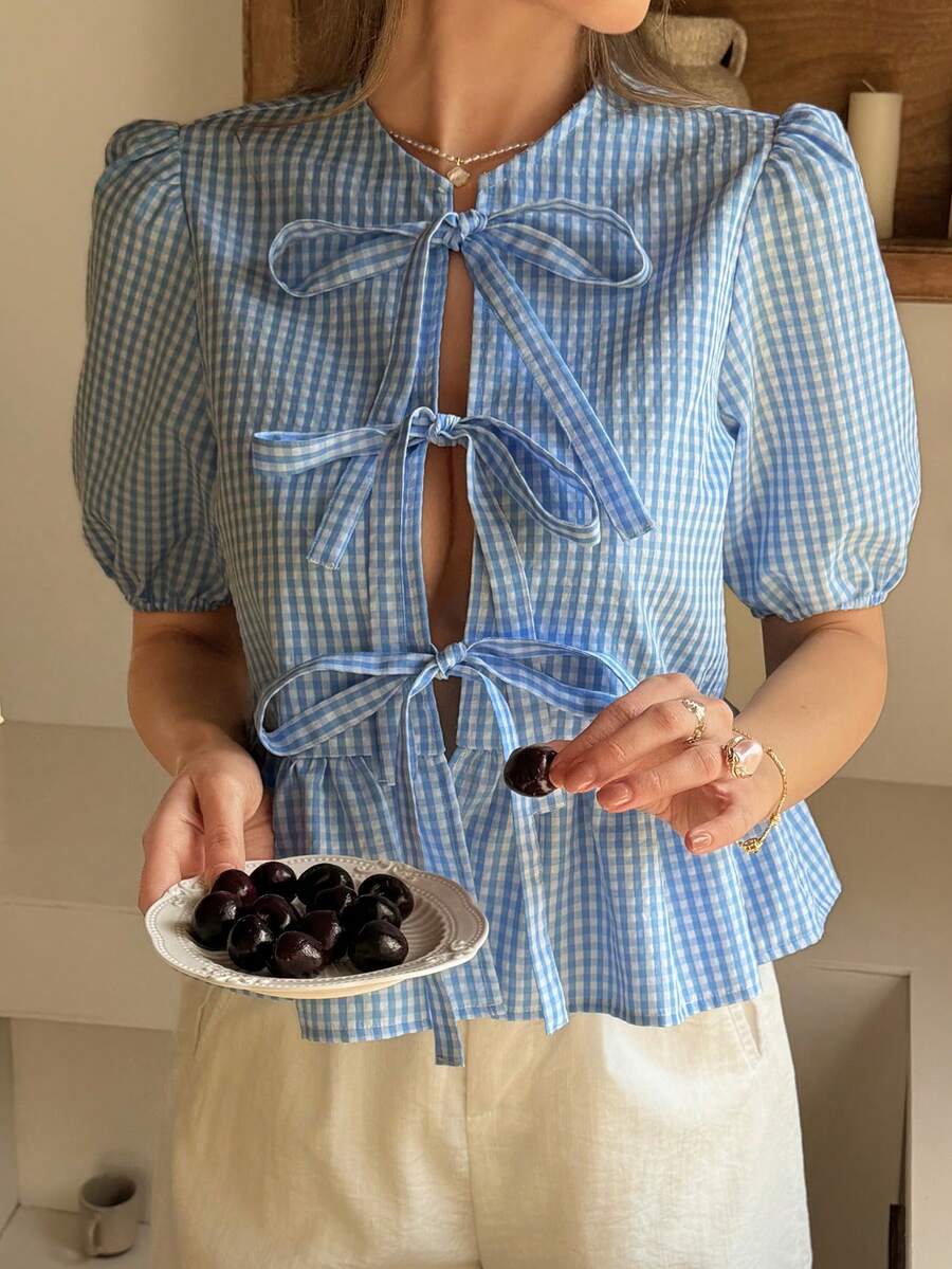 Livesso 优雅派对假日棉质蓝色系带花瓣袖宽松格子衬衫，女士夏季款 - 藍色 - 查看 1