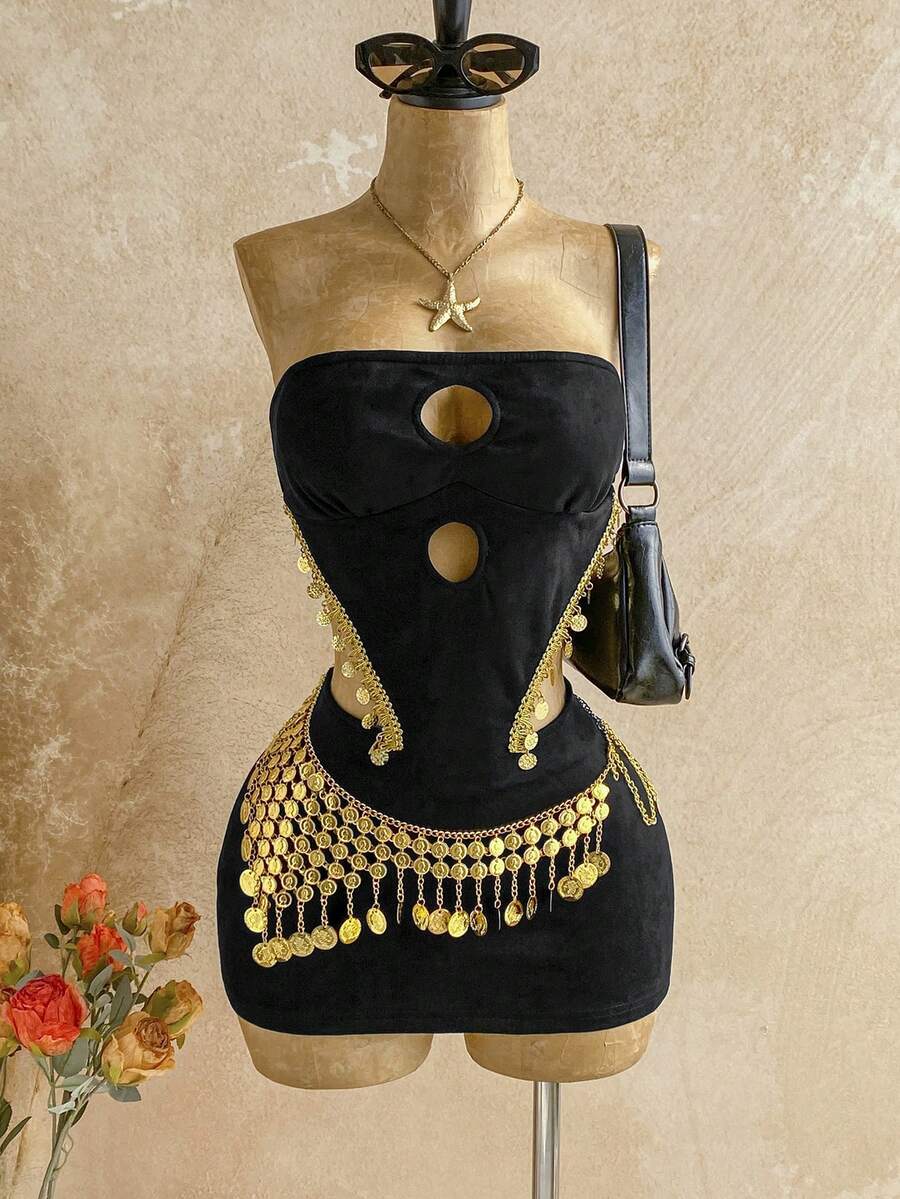 Soleia Women's Suede Strapless Mini Dress, Waist Cutout, Suitable For Music Festival, Party, Bohemian, Beach - Black - View 1