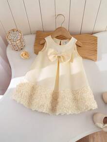 女婴优雅可爱杏色蝴蝶结网纱花卉无袖连衣裙 - 白色 - 查看 3