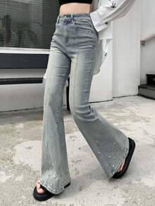 DAZY Quần jeans ống loe dáng nhỏ dành cho nữ, đính đá lấp lánh, kiểu Hàn Quốc. - Màu xanh lam - Xem 3