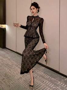 DAZY 春夏镂空黑色蕾丝上衣，修身剪裁，适合情人节、婚礼、派对、正式场合，时尚鸡尾酒会礼服，紧身鱼尾裙两件套女装 - 黑色 - 查看 7