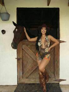 SHEIN SXY Women's Sexy Vacation Snake Skin & Floral Print Deep Draped Neck Backless Halter Romper, Summer,Carnival,Party,Rave Outfit ,Summer, Spring,Beach,Going Out,Vacation,Leopard Print ,Cheetah Print - Multicolor - View 7