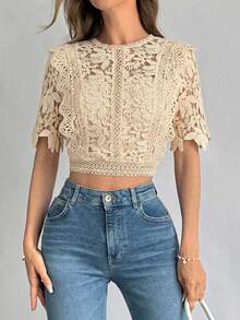 Firerie Women's Summer Lace Sheer Solid Color Round Neck Short Sleeve Camisole Shirt,Summer Top - Beige - View 6