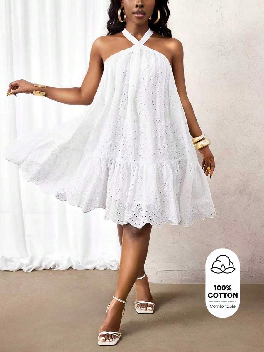 BamGleam Gerafftes Neckholder-Kleid mit weiter Passform und fließendem Stoff, Stickerei aus Baumwolle für Damen, geeignet für Party, Urlaub, Alltag, Frühling/Sommer - Weiss - Übersicht 1