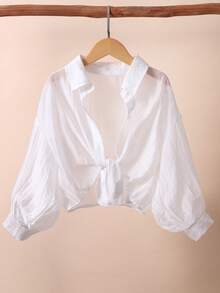 SHEIN Irls 白色翻领落肩七分袖衬衫，学院风百搭，适合春夏休闲校园穿着 - 白色 - 查看 1