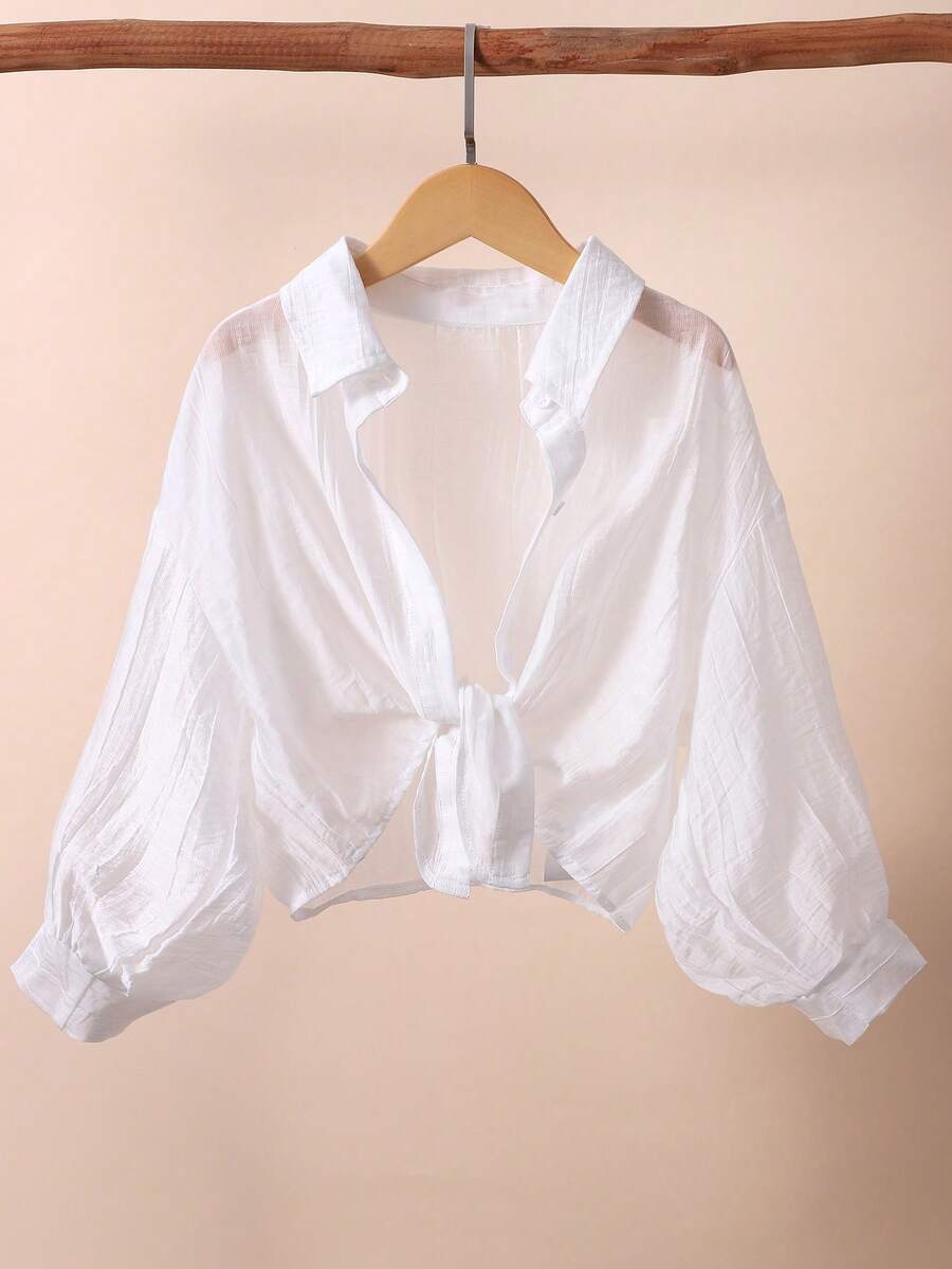 SHEIN Irls 白色翻领落肩七分袖衬衫，学院风百搭，适合春夏休闲校园穿着 - 白色 - 查看 1