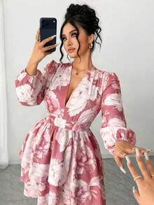 Elenzga Plus Size Women Floral V-Neck Petal Sleeve Double Ruffle Hem Dress - Dusty Pink - View 5