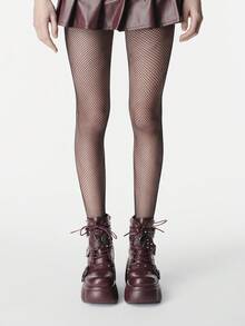 ROMWE Grunge Punk Women Heeled Sandals~ 2026 New Fashion Autumn And Winter Punk Style Burgundy PU Round Toe Rivet Buckle Front Lace-Up Inner Heightening Versatile Riding Boots Women's Ankle Boots Small Heightening Muffin Thick-Soled Medium Boots Women - Burgundy - View 2