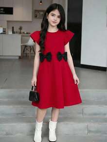1pc Girls Cute Bowknot Backless Dripping Sleeve Round Neck Summer Dress, Suitable For Daily Wear - White - View 4