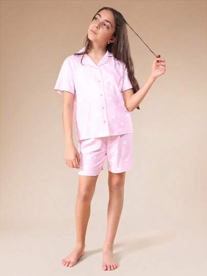 SUMWON Tween Girls Pink Heart Print Button Up Short Sleeve Pajama Set Cute Sleepwear Summer Nightwear Comfort Sleep Shirt Shorts