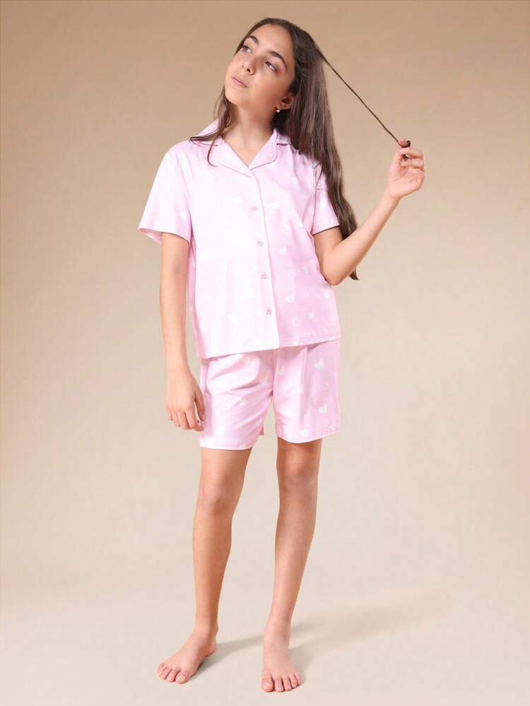 Pink Heart Print Pajama Set