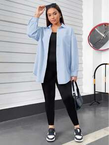 SHEIN Essnce 大码女装春夏时尚休闲运动舒适日常宽松粉色长袖纽扣衬衫和黑色紧身背心连体裤两件套，女士春季服装，女士机场服装，Y2k 服装，街头服饰 - 淺藍色 - 查看 1