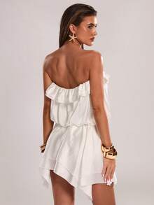 SHEIN BAE Women's White Strapless Satin Dress,Summer Ruched Twist Asymmetric Hem Bandeau Dress,Mama Mia Style,Perfect For Party,Vacation,Holiday & Nightclub - White - View 2