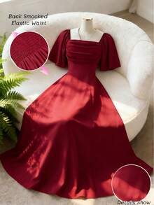 GlowEve New Square Neck Pleated Front Chiffon Back Shirred Cinched Waist Elegant Dress For Women - Burgundy - View 7