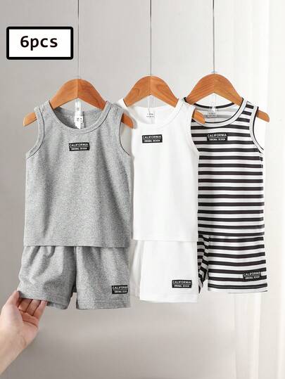 SHEIN Playful Pals Bộ quần áo mùa hè 6 món cho bé trai, gồm 3 màu: đen, trắng, áo vest kẻ sọc và quần short, thoải mái, giản dị, đa năng, phù hợp mặc hàng ngày.