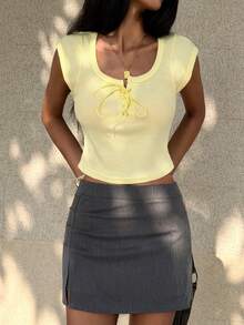 SHEIN Unity Áo croptop nữ cổ vuông buộc dây, ôm sát, chất liệu vải dệt kim waffle, tay ngắn, đa năng. - Vàng nhạt - Xem 5