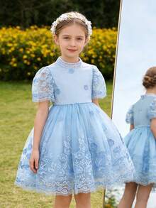 SHEIN Elladie kids 女童立领短袖刺绣花卉优雅夏季连衣裙 - 藍色 - 查看 6