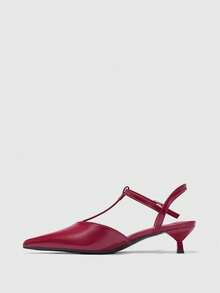 CUCCOO BIZCHIC Women's Patent Leather Pointed Toe T-Strap Backless Stiletto Heel Sandals, Fashionable Minimalist Design For Commuting - Red - View 10