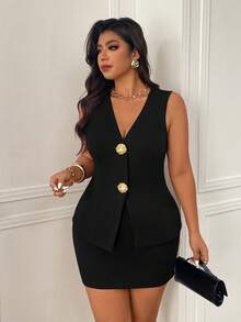 Femmeverse Gold Button Accent Chocolate Brown Custom Camisole And Mini Skirt Set - Black - View 7