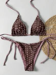 SHEIN Swim Mod Women's Polka Dot & Striped Reversible Halter Neck Triangle Bikini 2 Pieces Swimwear Set, Suitable For Beach, Pool, Party, Casual, Sweet Girl Style, Spring/Summer - Multicolor - View 3