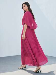 Ontre 2026SS New Arrival Spring/Summer Women's Long Dress, Hot Selling Solid Fuchsia Dress, Round Neck Pleated Elegant Short Sleeve Dress With Shawl Layered Effect, Suitable For Holiday, Wedding Guest, Tea Party, Independence Day, Vintage Chic, Minimalist Elegant Urban Modern Fashion Versatile Long Dress Dark Pink Dresses For Woman Pleated Dress - Pink - View 4