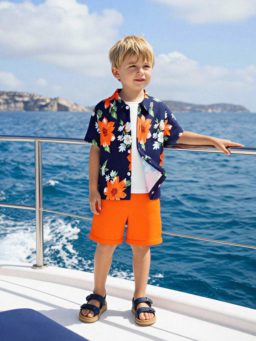 2pcs/Set Young Boy Palm Tree Print Short Sleeve Polo Shirt And Solid Shorts Set,Summer,Beach,Holiday,Casual Sports Italian Vacation Resort Outfits - Orange - View 1