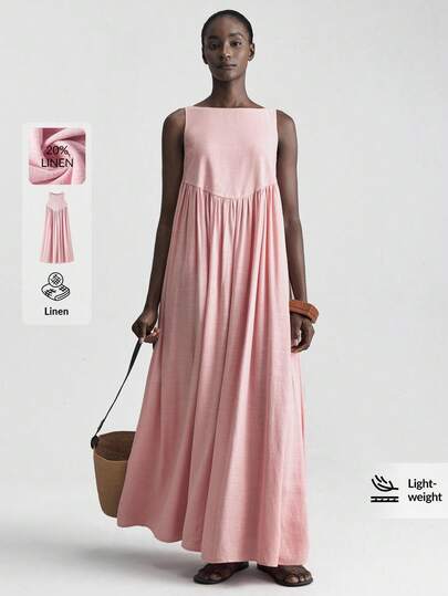 Ontre 2026SS Women's Solid Color Pleated Round Neck Sleeveless Casual Long Pink Dress, Bohemian Style, Suitable For Ibiza Island, Vacation, Loose And Comfortable Clothing, Spring/Summer New Apparel