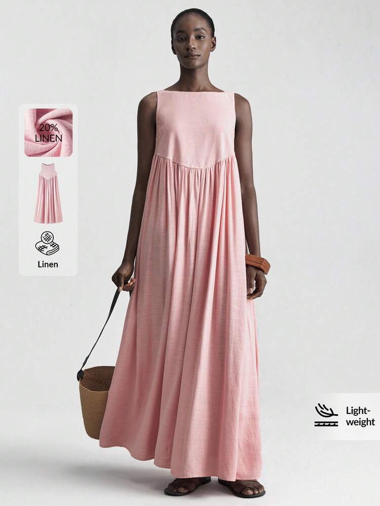 2026SS New Women's Solid Color Pleated Round Neck Sleeveless Casual Long Pink Dress, Bohemian Style, Ibiza Island Outfit, Vacation, Loose And Comfortable Clothing. New Summer Women's Elegant Formal Dress