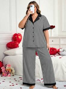 SHEIN CURVE+ CURVE PLUS /Ngày Valentine/Bộ áo và quần kẻ sọc dành cho nữ cỡ lớn, trang phục đa năng mùa thu, mùa đông, CURVE PLUS - Đen và trắng - Xem 5