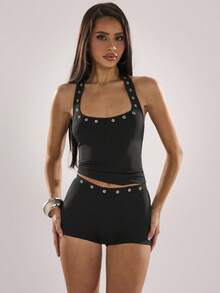 SHEIN BAE Spring/Summer Music Festival Party Rave Black Halter Sexy Basic Metal Grommet Crop Top And Ultra Low Waist Metal Grommet Micro Shorts / Festival Party / Concert / Casual Set / Basic Set / Outing Set / Club Set / Summer Set - Black - View 7