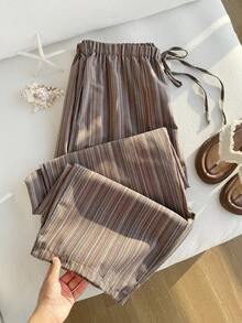 Comfortcana Celana Panjang Katun Linen Bertekstur Bergaris dengan Tali Serut di Pinggang, Nyaman, Kasual, Ukuran Besar, Celana Bergaris, Celana Pantai, Musim Gugur - Coklat - View 6