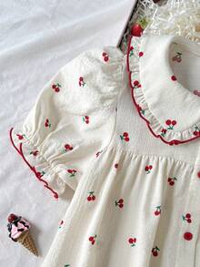 SHEIN Tween Girl Loose Casual Minimalist Comfortable Polo Collar Petal Sleeve Polka Dot Pattern Loungewear - Multicolor - View 3