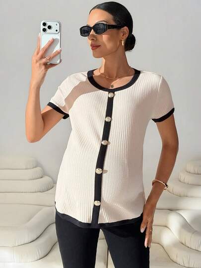 MaterniWear 孕妇休闲针织罗纹撞色滚边T恤