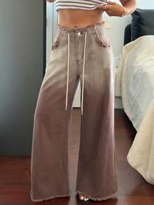 Livesso Frayed Ombre Lace-Up Casual Women Jeans - Brown - View 3