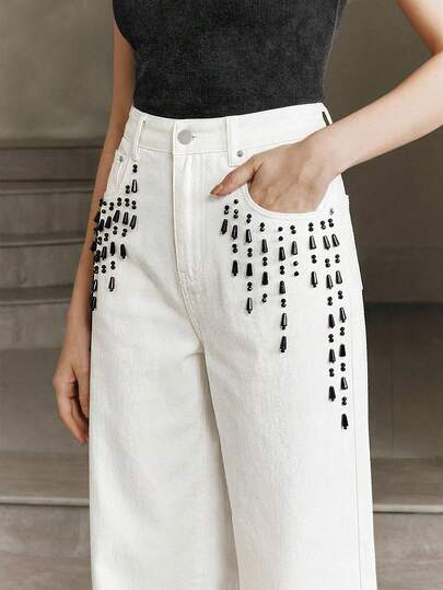 Anewsta Spring New Washed Denim Fashionable Vintage Handmade Beaded Versatile Commuting Wide-Leg Women Jeans