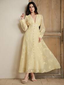 Anewsta Elegant V-Neck Women's Yellow Embroidered Woven Dress For Parties - Yellow - View 6