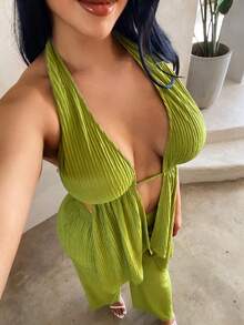 SHEIN SXY 女款橄欖綠兩件套，掛脖露背荷葉邊上衣與寬腿褲，夏季休閒海灘度假度假穿搭，大尺碼 - 橄欖綠 - 查看 3