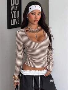 Coolane 秋季女款復古性感日常穿著夜店外出棕色與白色條紋針織V領長袖T恤 - 棕色 - 查看 2