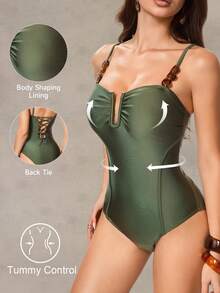 Shapewave 女士绿色V领侧拼接塑形连体泳衣，优雅简约夏季沙滩显瘦装 - 橄欖綠 - 查看 8