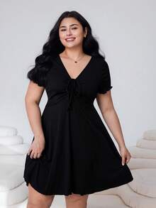 SHEIN EZwear Plus Size Women's Solid Color Front Knot Short Sleeve Casual Dress, Spring/Summer - Black - View 3