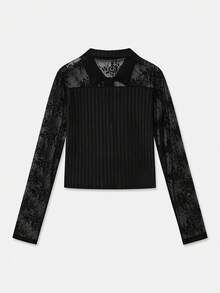 lacRébo 长袖黑色纹理面料纽扣前襟衬衫，带蕾丝花边 - 黑色 - 查看 8