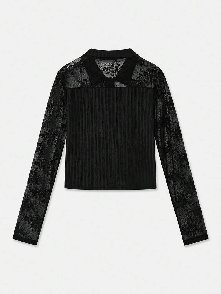 Long Sleeve Black Textured Fabric Button Front Shirt With Lace Panel Detail Chic Party Top