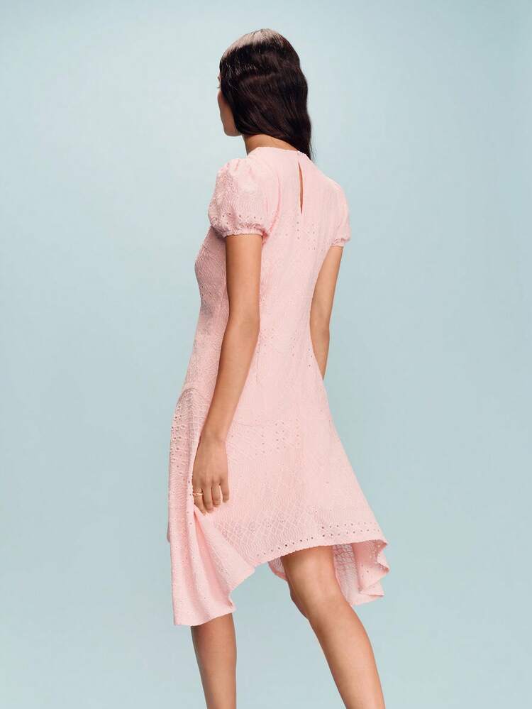Pink Fitted Textured Midi Dress With Short Puff Sleeves And A Flared Skirt Spring Summer French Style Parisian Style Wedding Guest Dress Ruffle Dress For Women