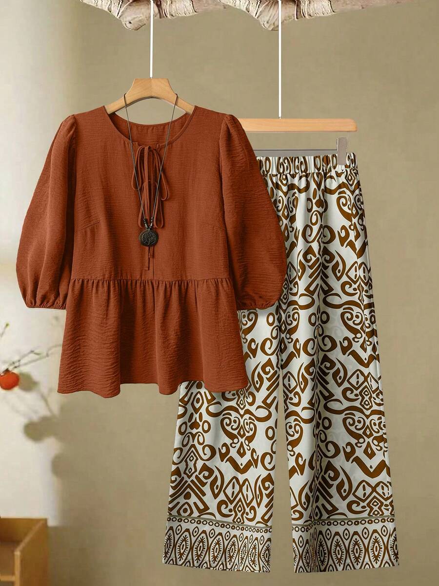 Linhara 大码女式纯色蝴蝶结系带上衣和印花阔腿裤休闲两件套 - 巧克力棕 - 查看 1