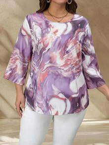 EMERY ROSE Camisa de verano elegante de talla grande con estampado asimétrico y bloques de color - Morado - Ver 5