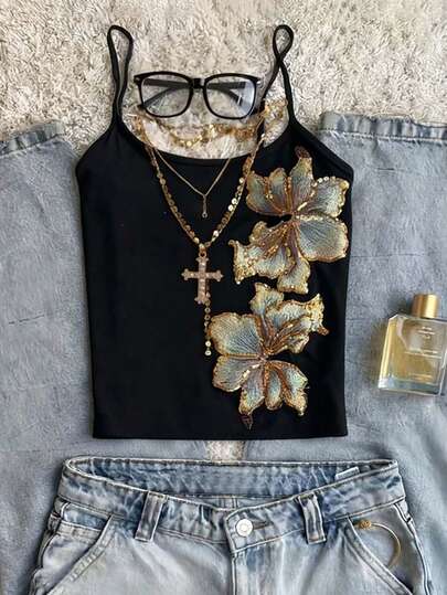 SHEIN Women's Sequin Floral Pattern Camisole Top, Comfortable Casual Camisole Top Suitable For Daily Gatherings And Outings