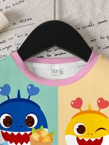 BABY SHARK X SHEIN 女童圆领短袖可爱卡通印花百搭T恤，全身印花 - 白色 - 查看 3