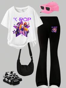Set de 2 piezas con camiseta de manga corta y cuello redondo con estampado de ídolo K-Pop y pantalones acampanados negros para niña preadolescente - Blanco y Negro - Ver 2