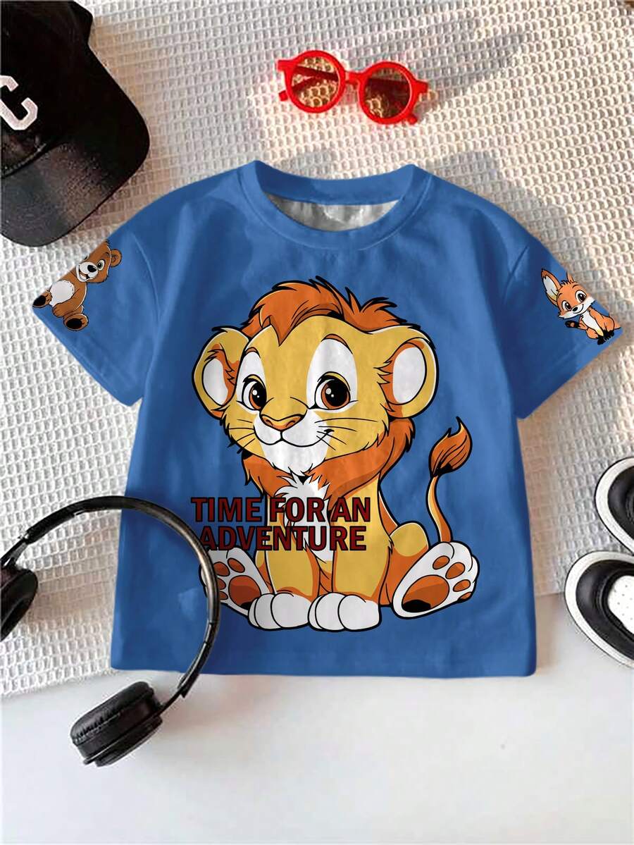 SHEIN Camiseta de manga curta, gola redonda, estilo casual minimalista clássico, com estampa de leão e urso de pelúcia, confortável e folgada, adequada para primavera e verão - Multicolorido - Visão 1